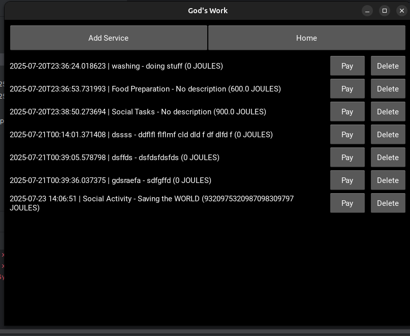 Service Entry Screen